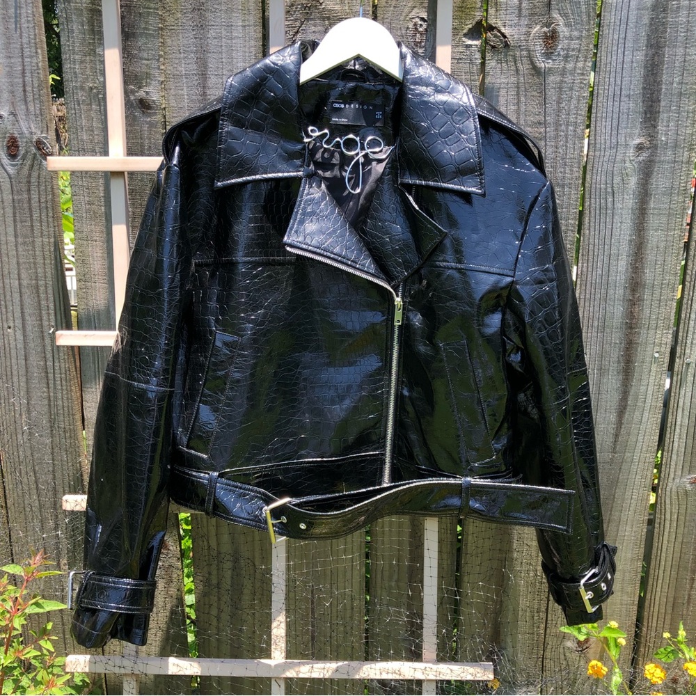 Asos Black Patent Leather Embossed Jacket Moto Style 12